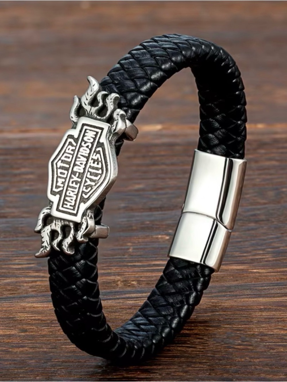 Harley-Davidson Black Braided Leather Bracelet with Silver Flame Emblem